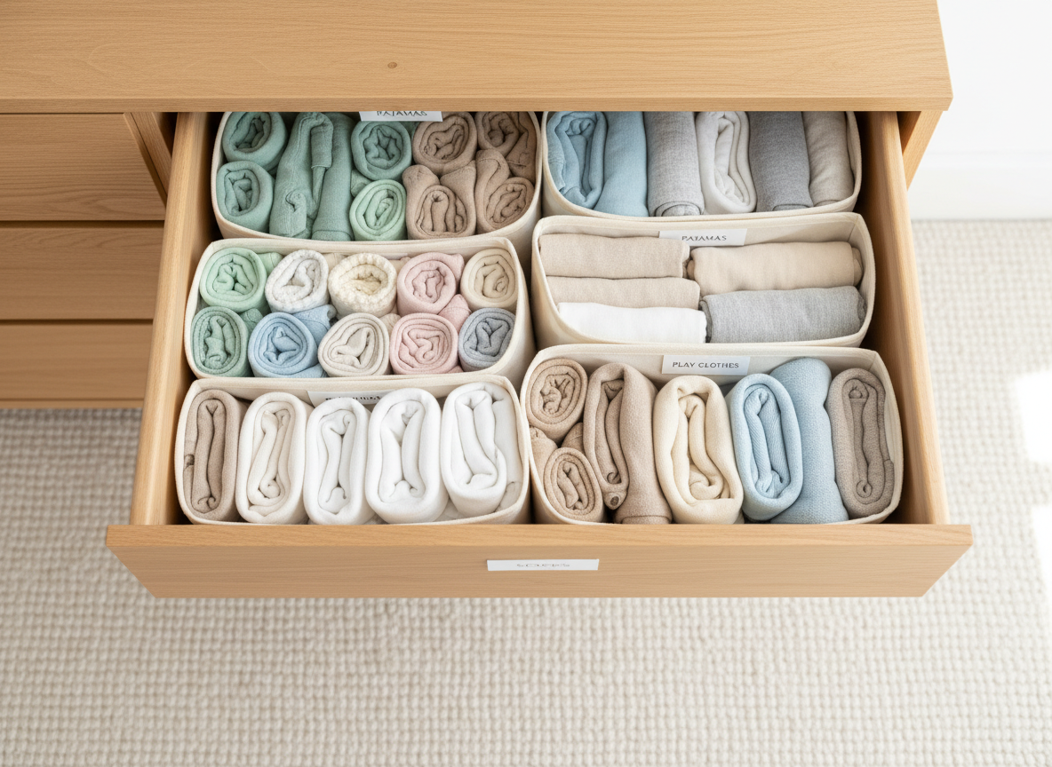 An open drawer in a light maple dresser, perfectly organized with fabric drawer dividers containing neatly rolled children’s clothing in soft neutrals and gentle pastels. Each section is aligned, with small, minimalist labels indicating categories like pajamas, socks, and play clothes. The dresser stands on a pale woven rug, and a simple white wall forms the background. Natural midday light pours from the right, illuminating the textures of cotton and wood while casting clean, subtle shadows inside the drawer. Photographed from directly above in photographic realism, the composition is balanced and satisfying, highlighting the calm efficiency of a well-designed family clothing system that saves time for a busy household.