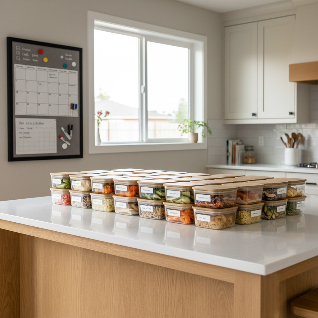 A spacious kitchen island made of light oak with a smooth quartz countertop, covered with neatly stacked glass meal-prep containers, each labeled with minimal white stickers. Beside them, an open magnetic family command board shows a weekly schedule, color-coded chores, and a simple meal plan. A large window in the background lets in diffused afternoon light that softly illuminates the glossy containers and slightly warms the neutral cabinetry. The scene is photographed from a slightly elevated angle, capturing the full layout with crisp focus and subtle bokeh on the far backsplash. The mood is orderly and hopeful, highlighting practical systems that help a busy household run smoothly in a modern, photographic style.