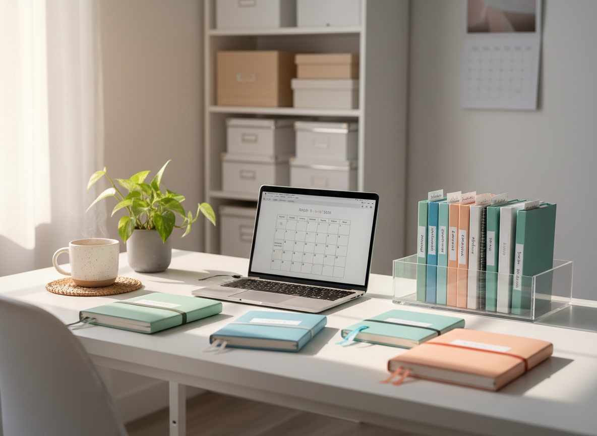 A meticulously organized white wooden desk covered with color-coded planners, a slim silver laptop displaying a simple calendar, and a clear acrylic tray of neatly labeled folders. Nearby, a speckled ceramic mug of herbal tea rests on a woven coaster, and a small leafy plant in a matte concrete pot adds softness. The desk sits beside a large window in a bright, uncluttered home office. Soft morning sunlight washes across the surface, creating gentle shadows and subtle reflections. Photographic realism with a clean, modern aesthetic, shot at eye level with a shallow depth of field so the background storage shelves and blurred wall calendar feel calm and inviting, evoking focus, balance, and everyday productivity.