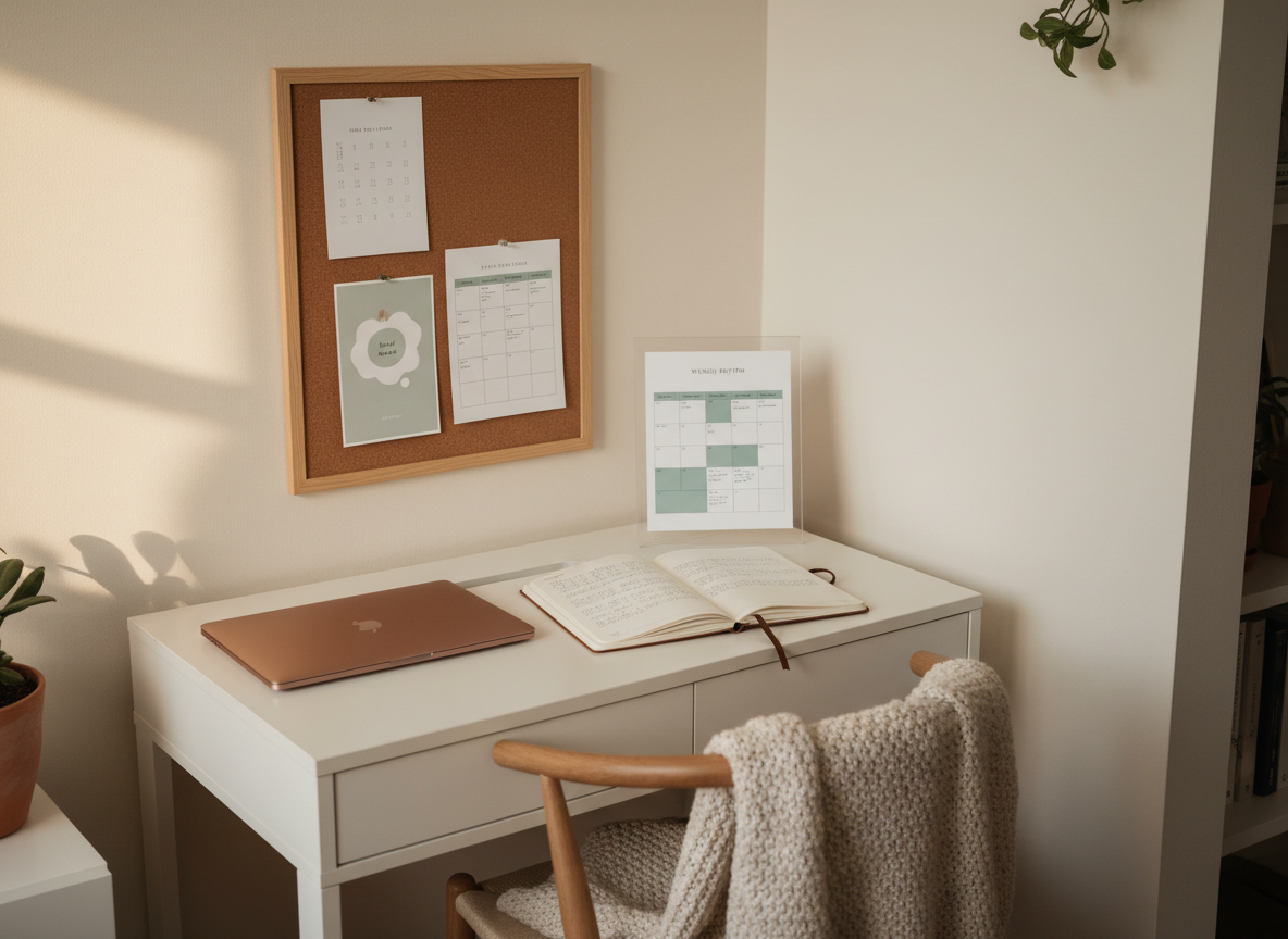 A cozy corner workstation featuring a compact white desk with a closed rose-gold laptop, an open linen-bound notebook filled with tidy handwritten routines, and a slim acrylic stand holding a printed weekly rhythm chart. A corkboard above the desk displays a few neatly pinned minimalist printables for habit tracking and family routines. A neutral knit throw is draped over the back of a simple wooden chair. Warm, indirect morning light filters through an off-frame window, softening the edges and casting mild shadows across the surfaces. Captured at a slightly elevated angle with shallow depth of field, the focus remains on the planning tools while the background blurs gently. The atmosphere is calm, intentional, and encouraging, embodying sustainable systems for motherhood and entrepreneurship in realistic photographic detail.