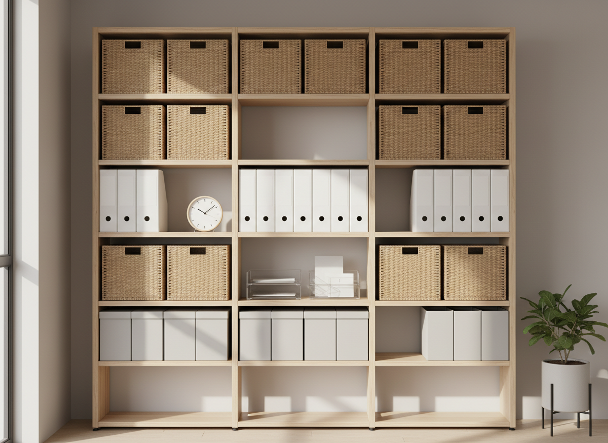 A pale birch shelving unit filled with matching woven baskets, labeled white binders, and a row of minimalist storage boxes, all aligned with almost surgical precision. A small analog clock with a clean white face rests on one shelf next to a clear acrylic inbox and outbox tray holding a few neatly stacked envelopes. The unit stands against a soft greige wall in a tranquil, clutter-free room. Late morning natural light streams from the left, casting gentle, elongated shadows that emphasize the textures of wicker and paper. Photographed straight-on with photographic realism, sharp focus, and balanced composition, the atmosphere feels professional yet homey, symbolizing a streamlined family paperwork and business admin hub.