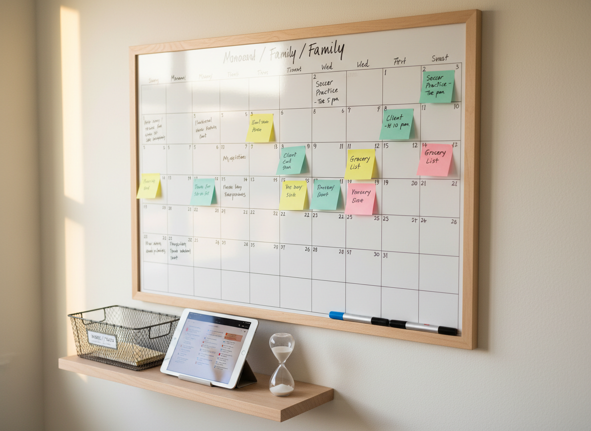 A large wall-mounted whiteboard calendar bordered in light wood, filled with carefully handwritten tasks, color-coded sticky notes, and slim magnetized markers aligned at the bottom edge. Below it, a floating shelf holds a labeled inbox tray, a slim tablet on a stand showing a to-do app, and a small sand timer. The wall is a soft, warm white, and a nearby unseen window casts diffused, late-afternoon light, creating gentle highlights on the glossy calendar surface. Photographed from a three-quarter angle with a medium depth of field, the calendar is in sharp focus while the surrounding wall fades softly. The mood is structured yet flexible, conveying strategic planning for both family life and a growing small business in a clean, modern photographic style.